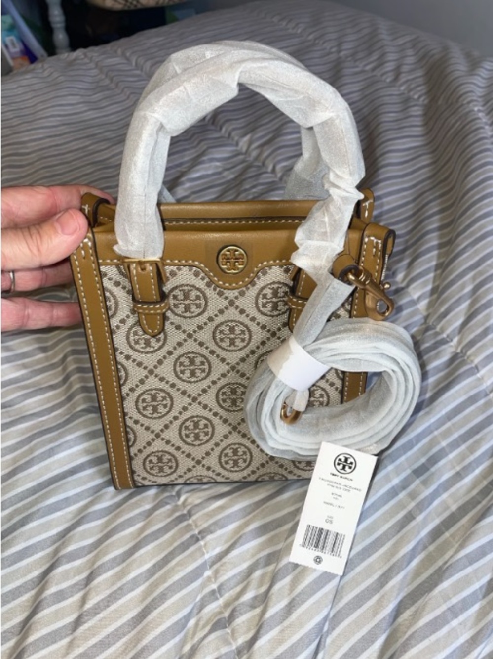 Tory Burch Beige Logo Canvas Mini Shoulder Bag with Tan Trim